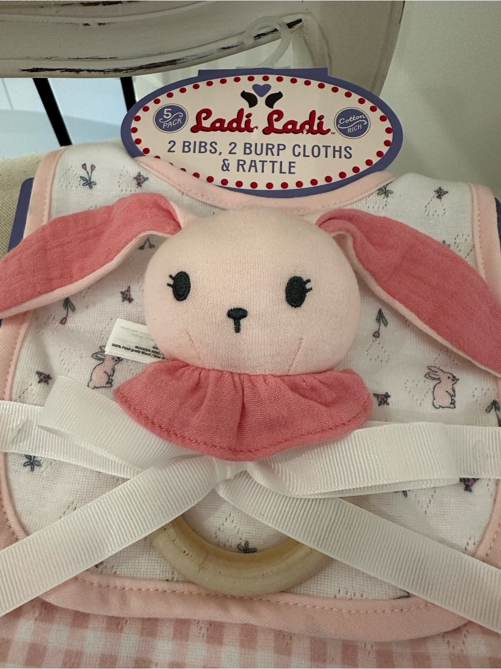 Adorable Pink Bunny Baby Bib, Rattle & Burp Cloth 5 Piece Gift Set NWT - Picture 5 of 9